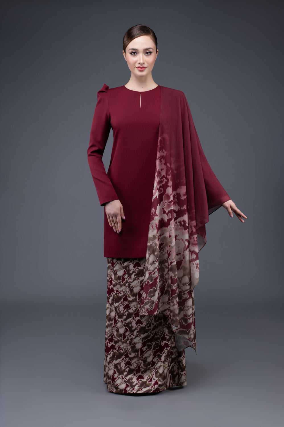 RR Baju Kurung Modern Camo Shawl Set in Maroon Brown