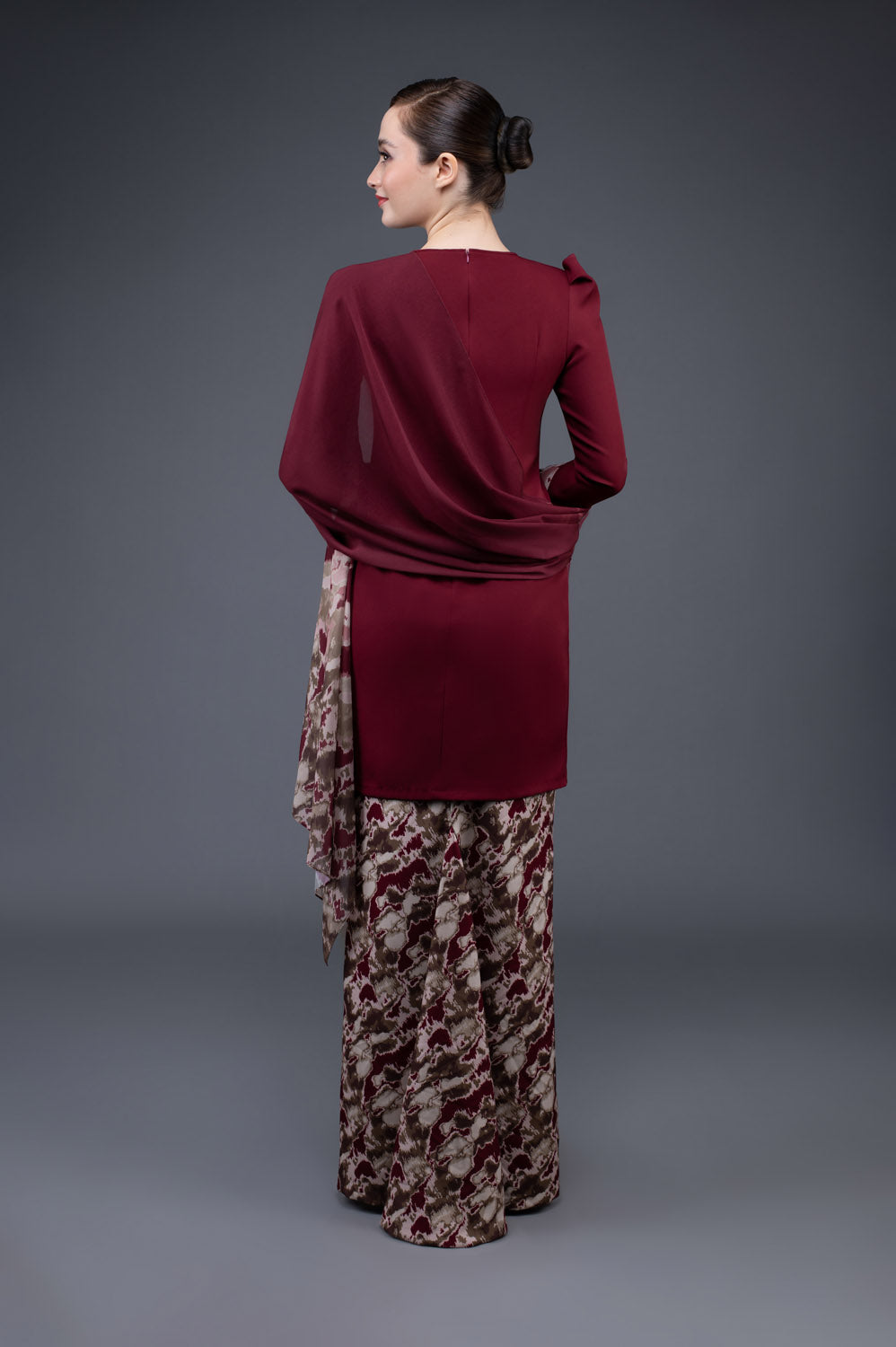 RR Baju Kurung Modern Camo Shawl Set in Maroon Brown