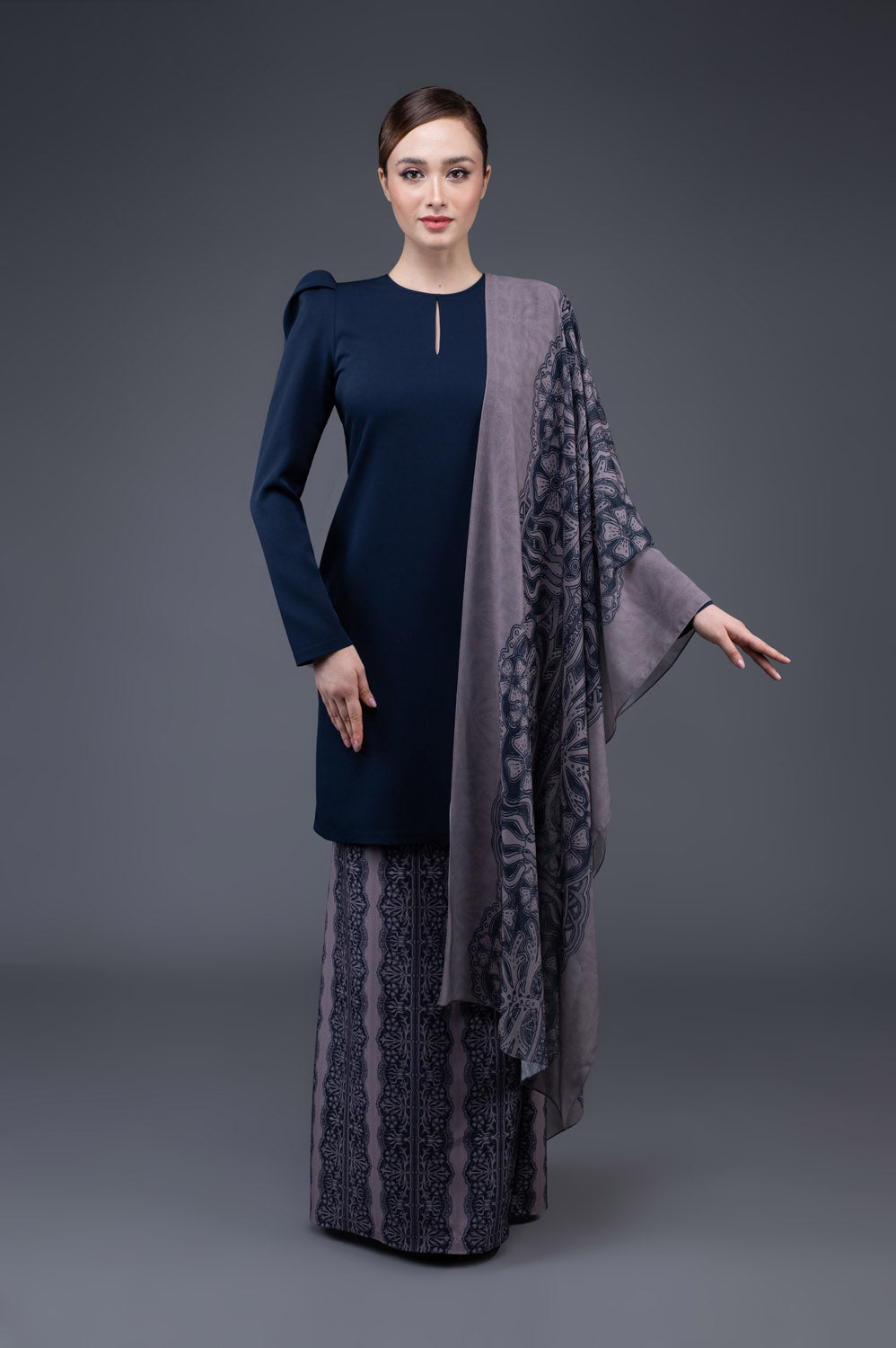 RR Baju Kurung Modern Ravel Shawl Set in Navy